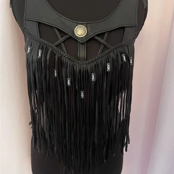 On The Fringe Leather Top/Biker/Gothic/Beaded Fringe - Picture 2 of 10